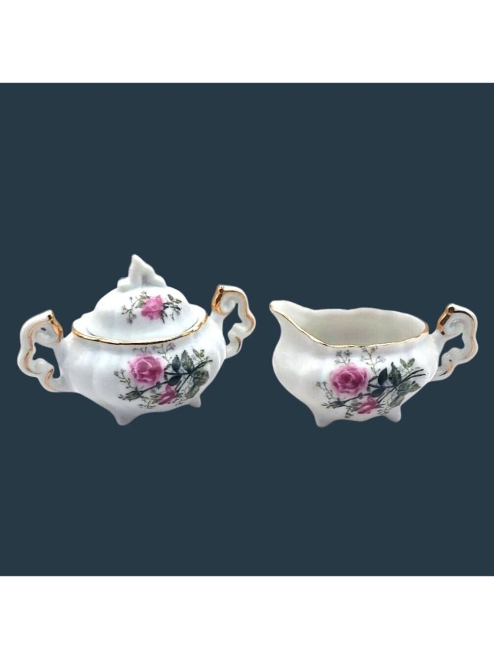 Vintage Lefton Miniature Porcelain Creamer Lidded Sugar Bowl Hand Painted Floral